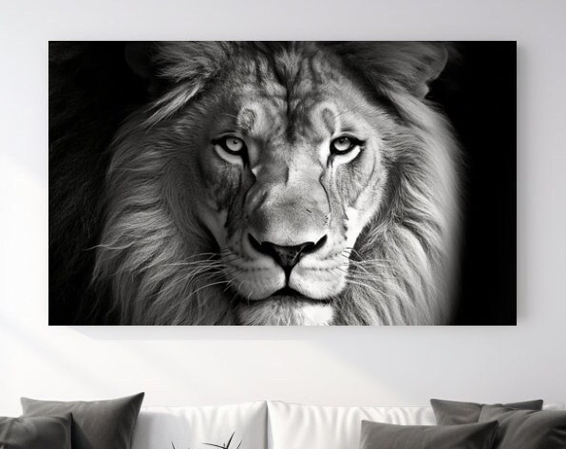 Lion King Portrait Black White Mane Big Cat Wildlife Wall Art Poster