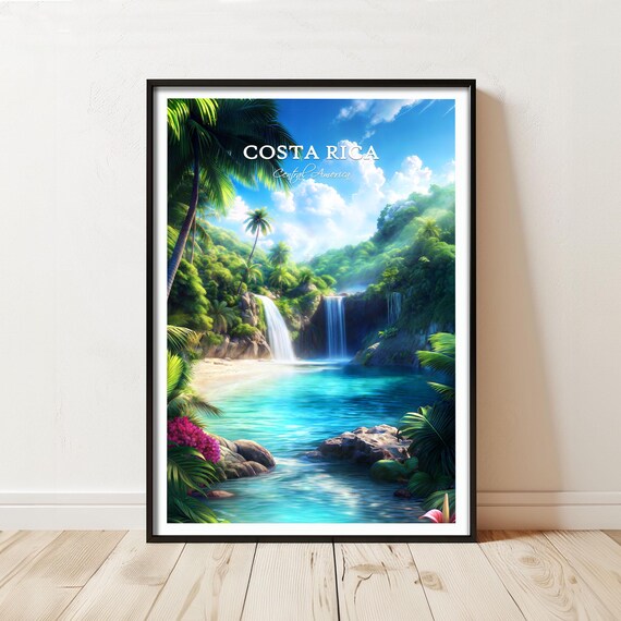 Costa Rica Waterfall Turquoise Pool Jungle Scene Travel Poster Art