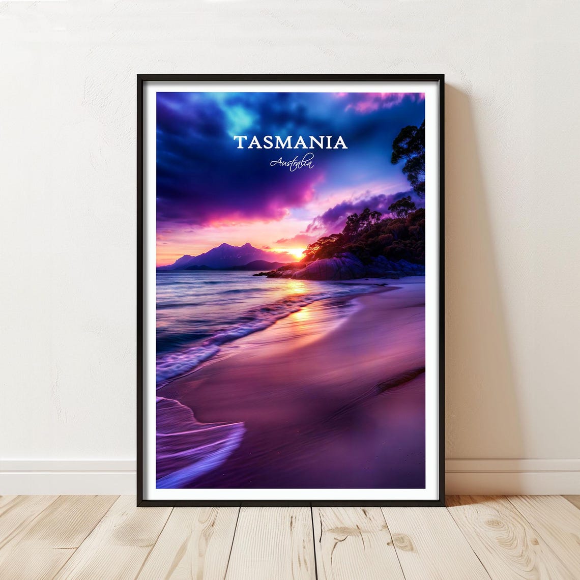 Tasmania Australia Purple Sunset Beach Top Title Travel Poster