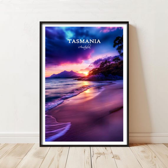 Tasmania Sunset Beach Poster Purple Ocean View Coastal Wall Art