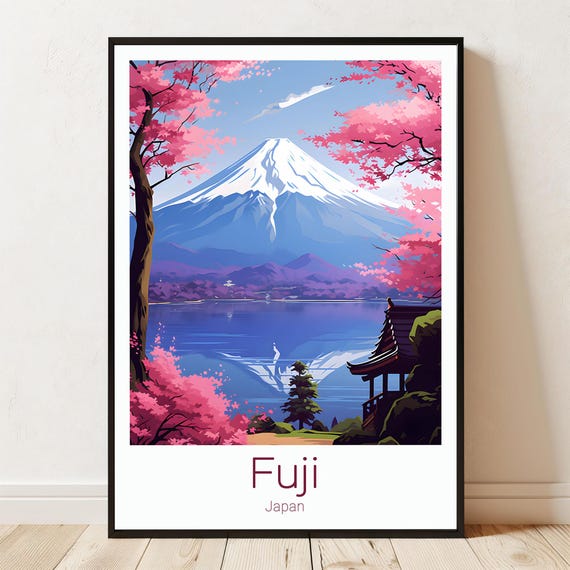 Mount Fuji Travel Poster Japanese Cherry Blossom Art Print