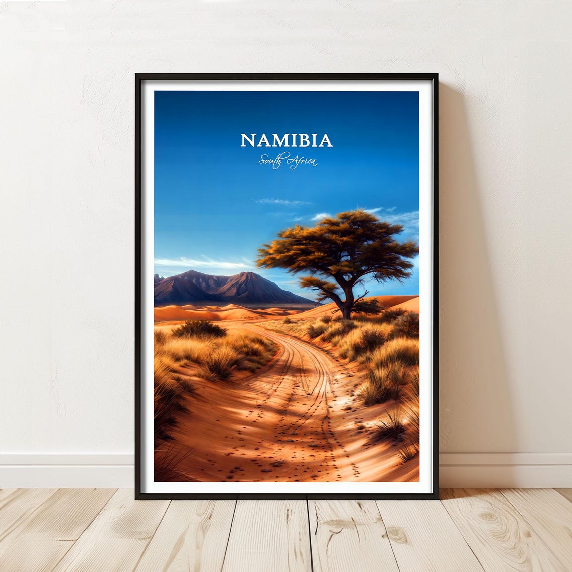 Namibia Red Desert Road and Acacia Tree Vintage Travel Poster
