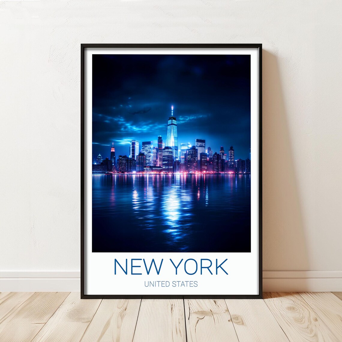 New York City Night Manhattan Skyline Blue Waterfront Travel Poster
