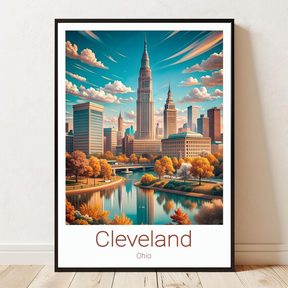 Cleveland Ohio Autumn Skyline Terminal Tower River Vintage Travel Poster