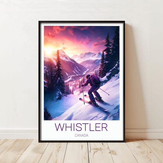 Whistler Ski Poster Sunset Snowy Peaks Winter Travel Art