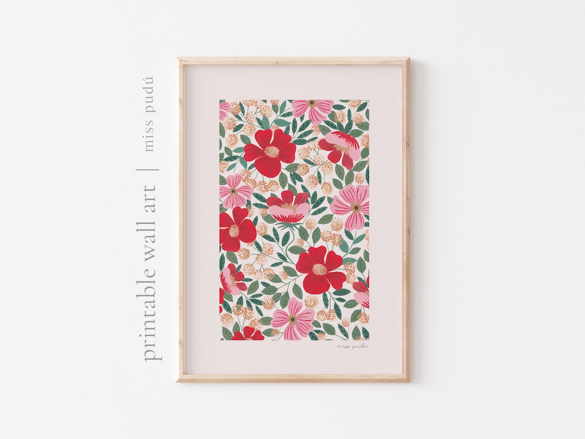 Red and Pink Wildflower Floral Pattern Poster for Girls Room