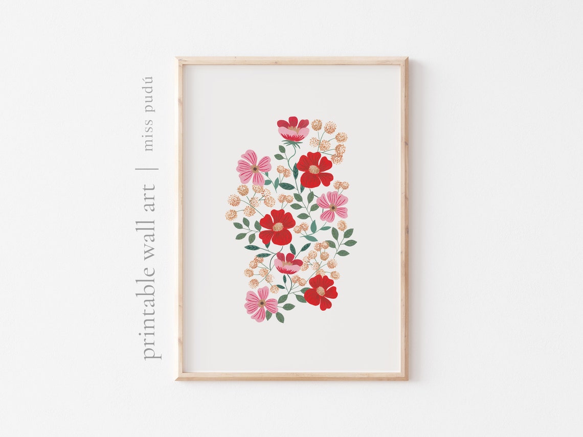 Red Pink Wildflower Bouquet Botanical Illustration Poster for Wall - Image 3