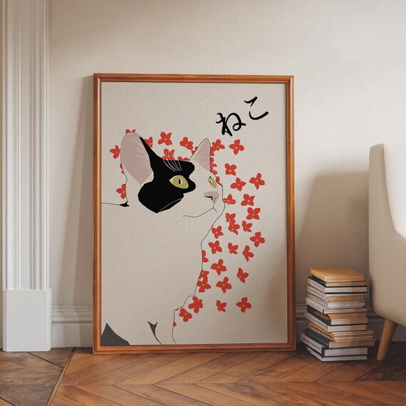 Japanese Cat Neko Red Flowers Minimalist Zen Inspired Gallery Print