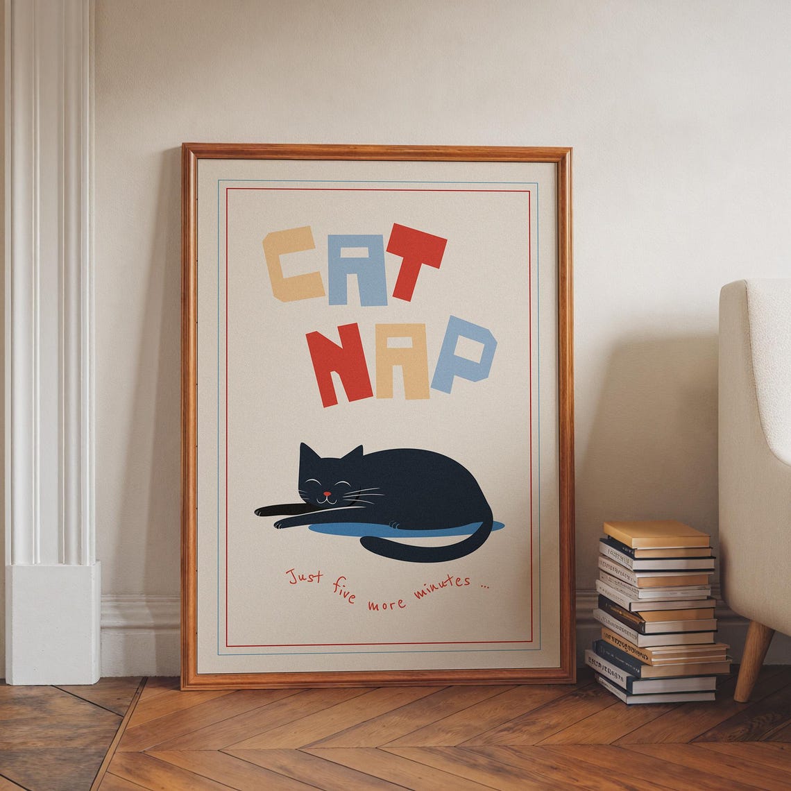 Sleeping Black Cat Nap Just Five More Minutes Playful Retro Poster