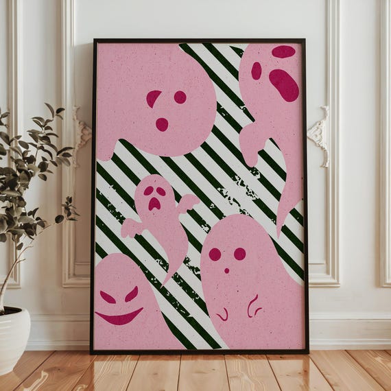 Pink Ghosts Poster Halloween Wall Art With Striped Background