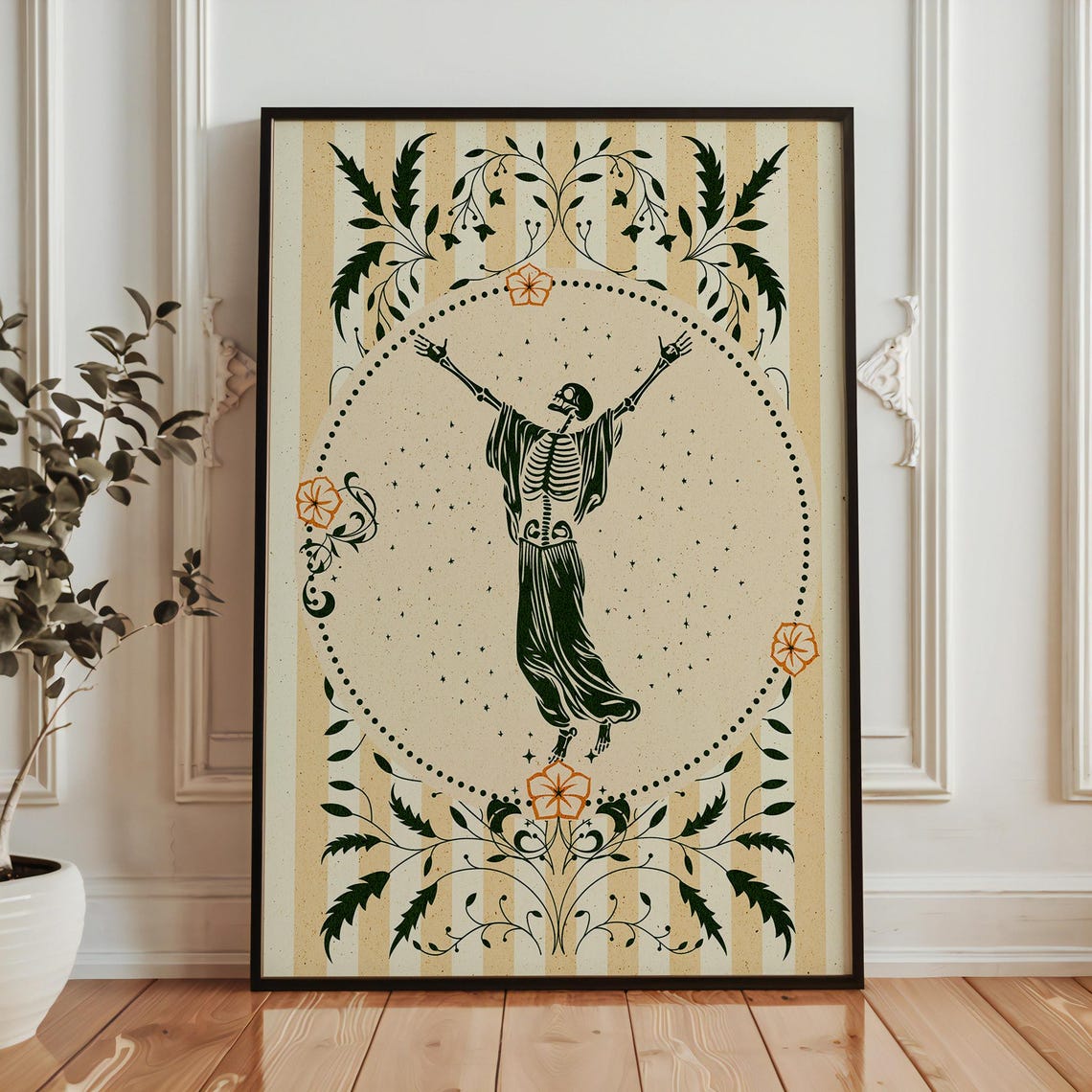 Green Skeleton Halloween Poster Gothic Floral Spooky Decor