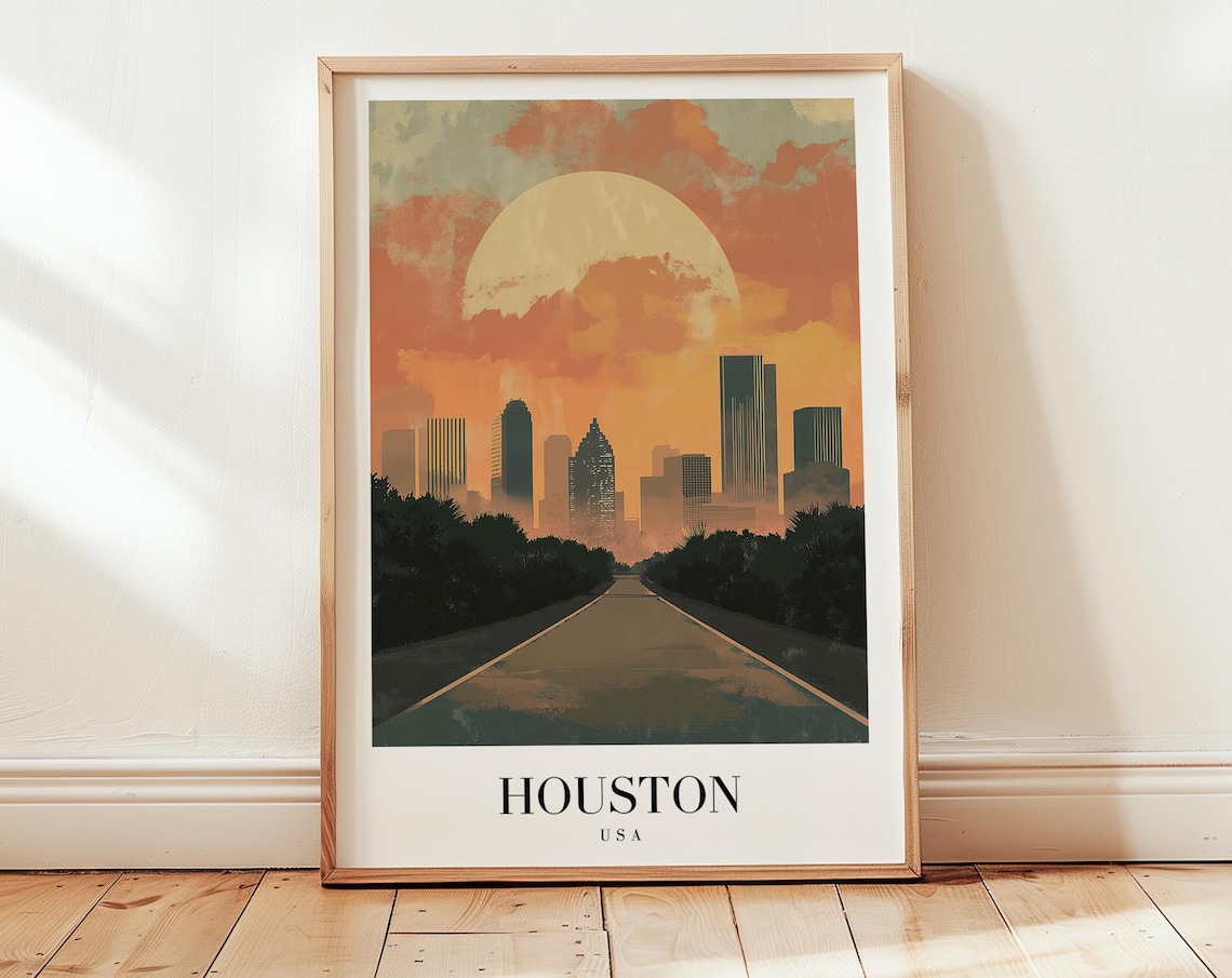 Houston USA Sunset Skyline Road Warm Dreamy Minimalist Travel Poster