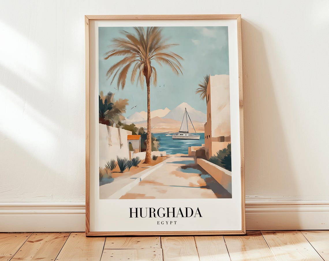 Hurghada Egypt Red Sea Sailboat Palm Lane Serene Coast Travel Poster