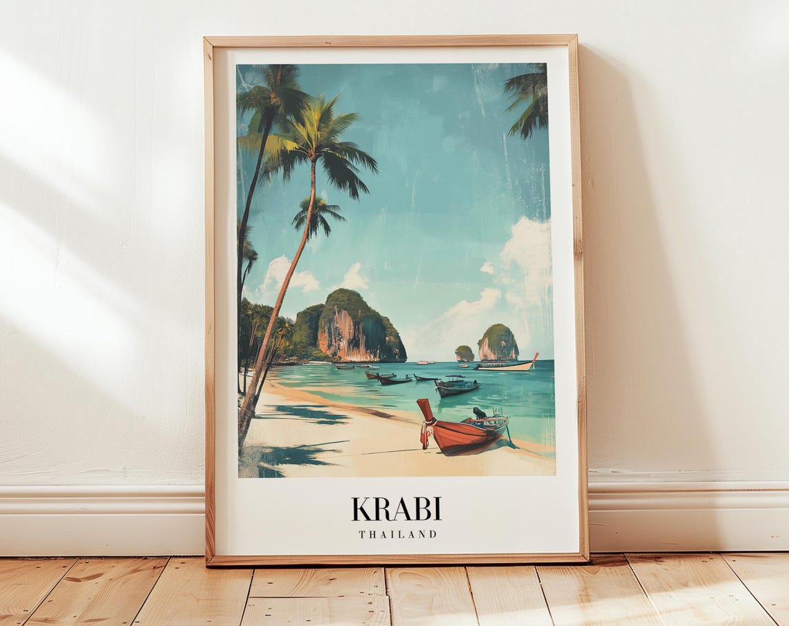 Krabi Thailand Limestone Cliffs Longtail Boats Scenic Beach Poster
