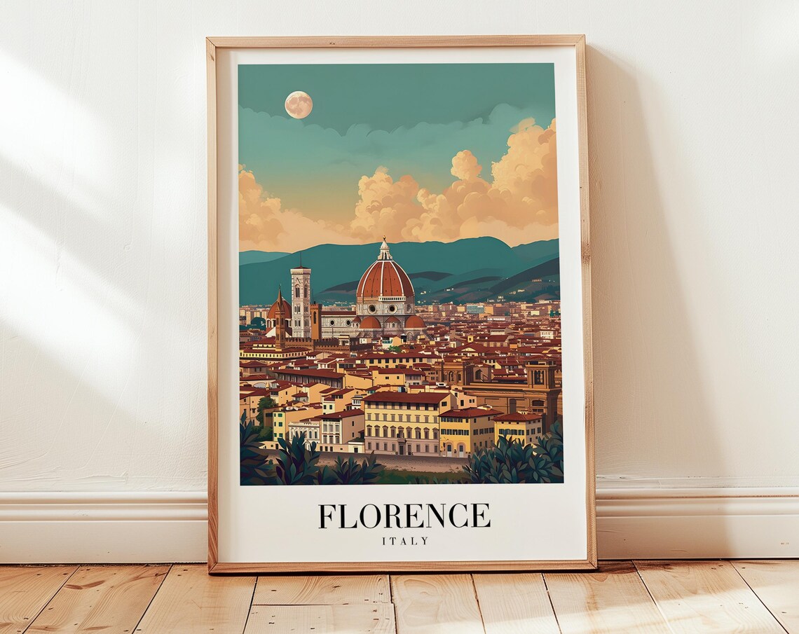 Florence Italy Cathedral Dome Moonlit City Skyline Travel Poster