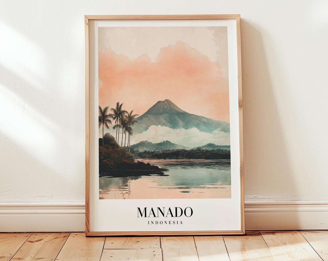 Manado Indonesia Volcano Lake Dawn Water Reflection Travel Poster