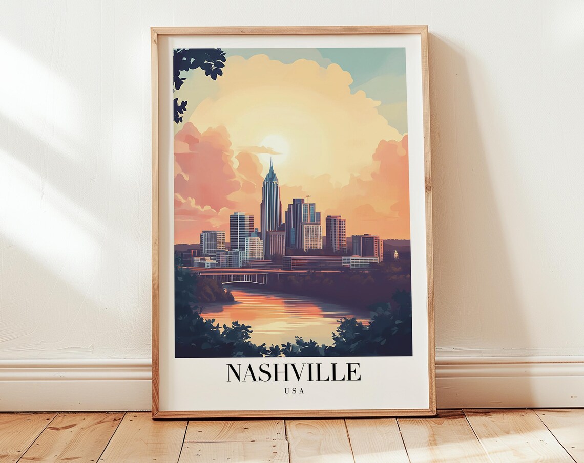 Nashville USA Sunset Skyline River Bridge Music City Travel Poster