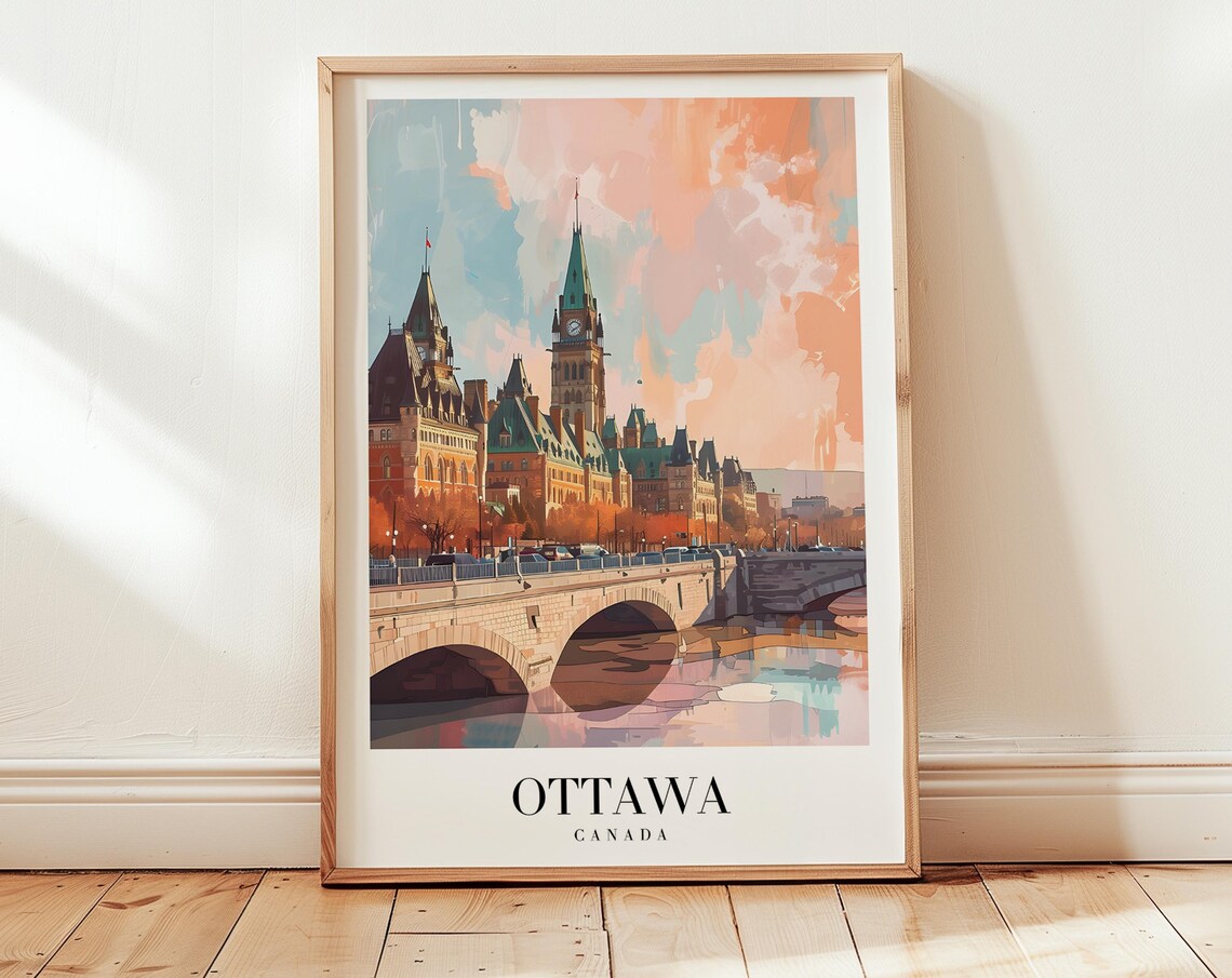 Ottawa Canada Parliament Hill Bridge Autumn Vintage Travel Poster