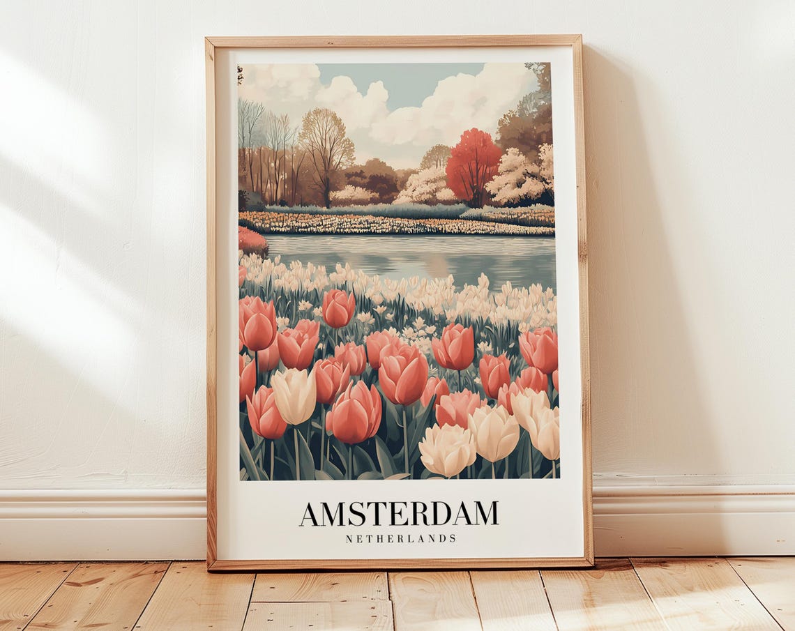 Amsterdam Netherlands Tulip Field Bloom Lakeside Spring Travel Poster