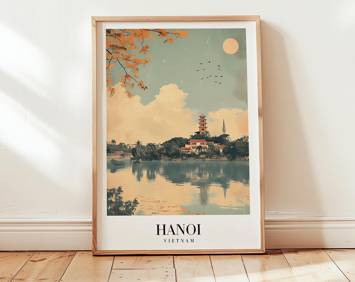 Hanoi Vietnam Lakeside Temple Vintage Minimalist Serene Travel Poster