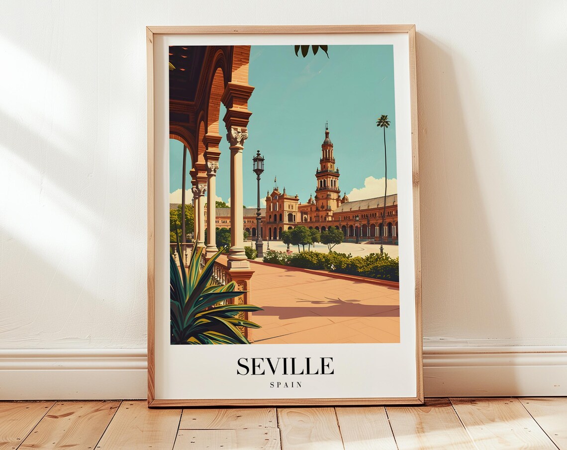 Seville Spain Plaza de Espana Grand Arcade Gardens Travel Poster