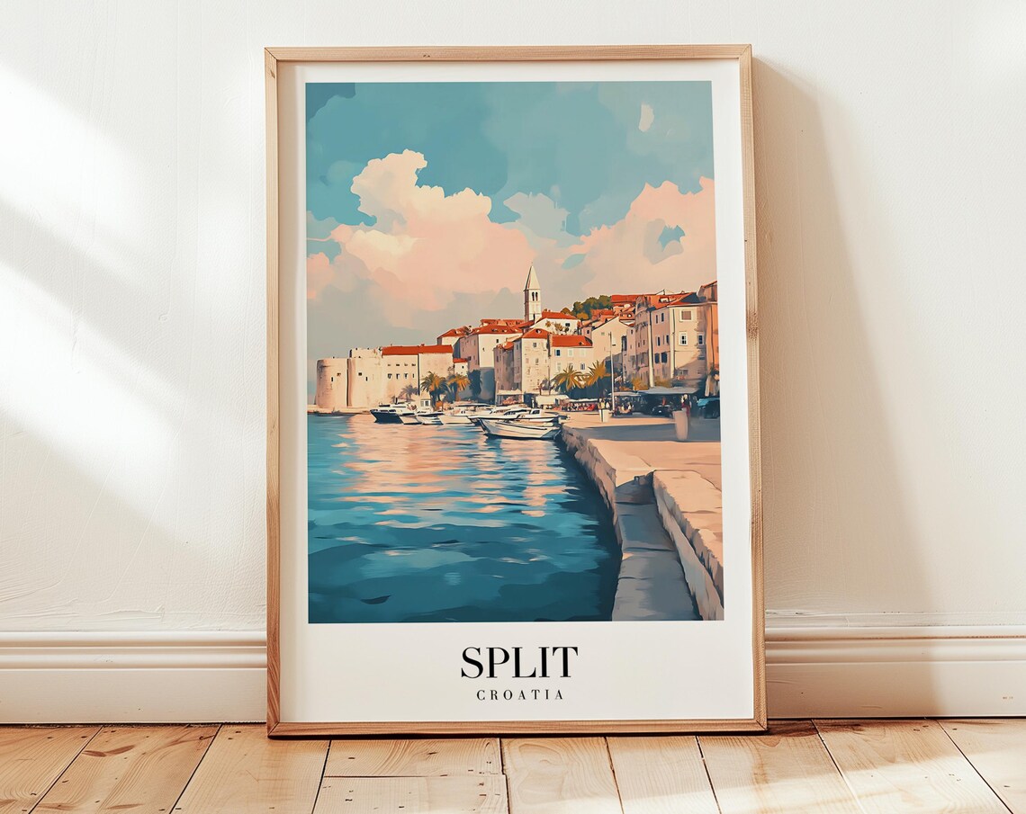 Split Croatia Harbor Old Town Boats Coast Vintage Travel Poster