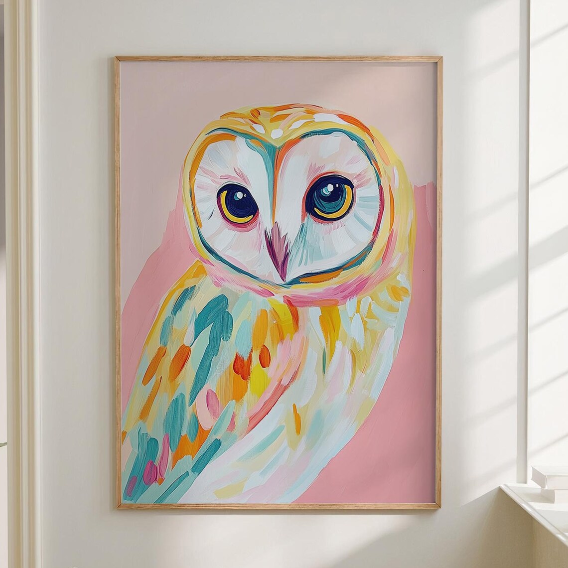 Barn Owl Colorful Brushstroke Portrait Pink Background Wall Art