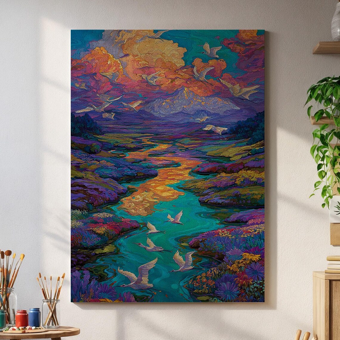 Neon River Landscape Sunset Psychedelic Bird Flight Colorful Poster