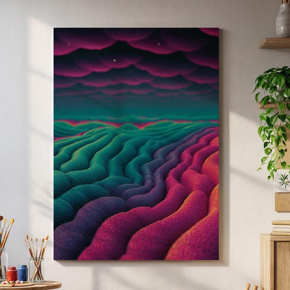 Abstract Dreamscape Wall Art Vibrant Neon Hills And Cosmic Sky In Magenta Green Teal Psychedelic Canvas Print For Bold Interiors