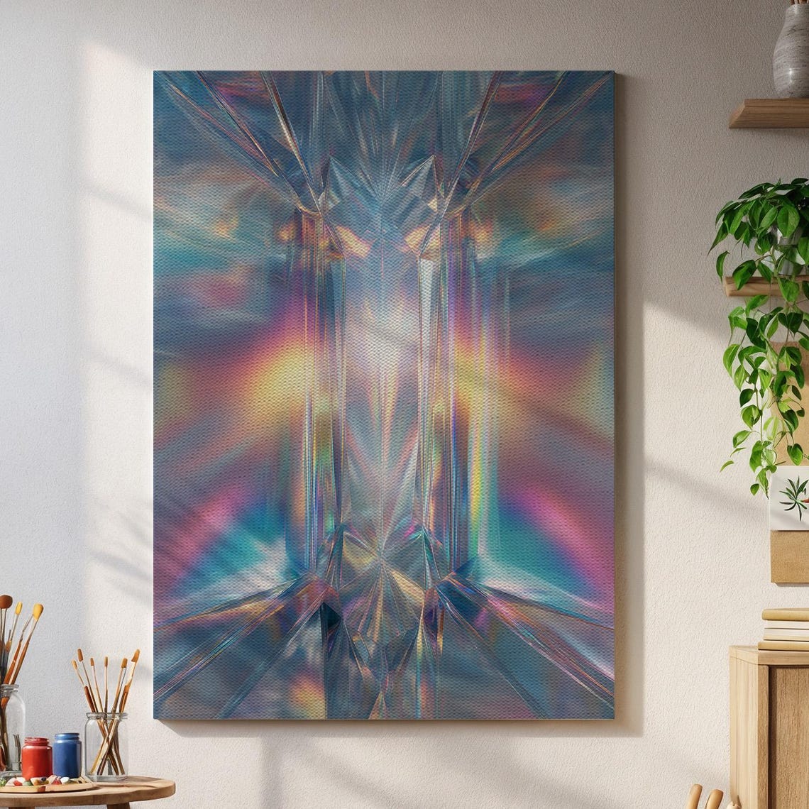 Prismatic Crystal Abstract Wall Art Holographic Light Refraction Poster Futuristic Iridescent Shine Print For Modern Minimal Spaces