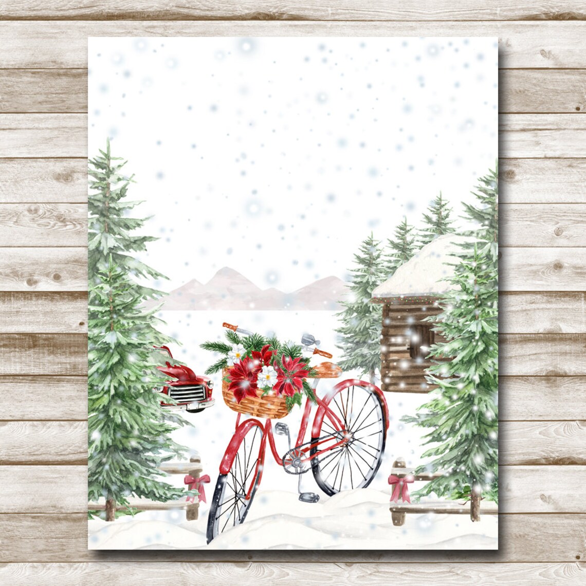 Winter Bicycle Woodland Wall Art 5x7 8x10 11x14 16x20 Holiday Decor Christmas Sign Cabin Rustic Floral Bike Country Diy Decor - Image 4