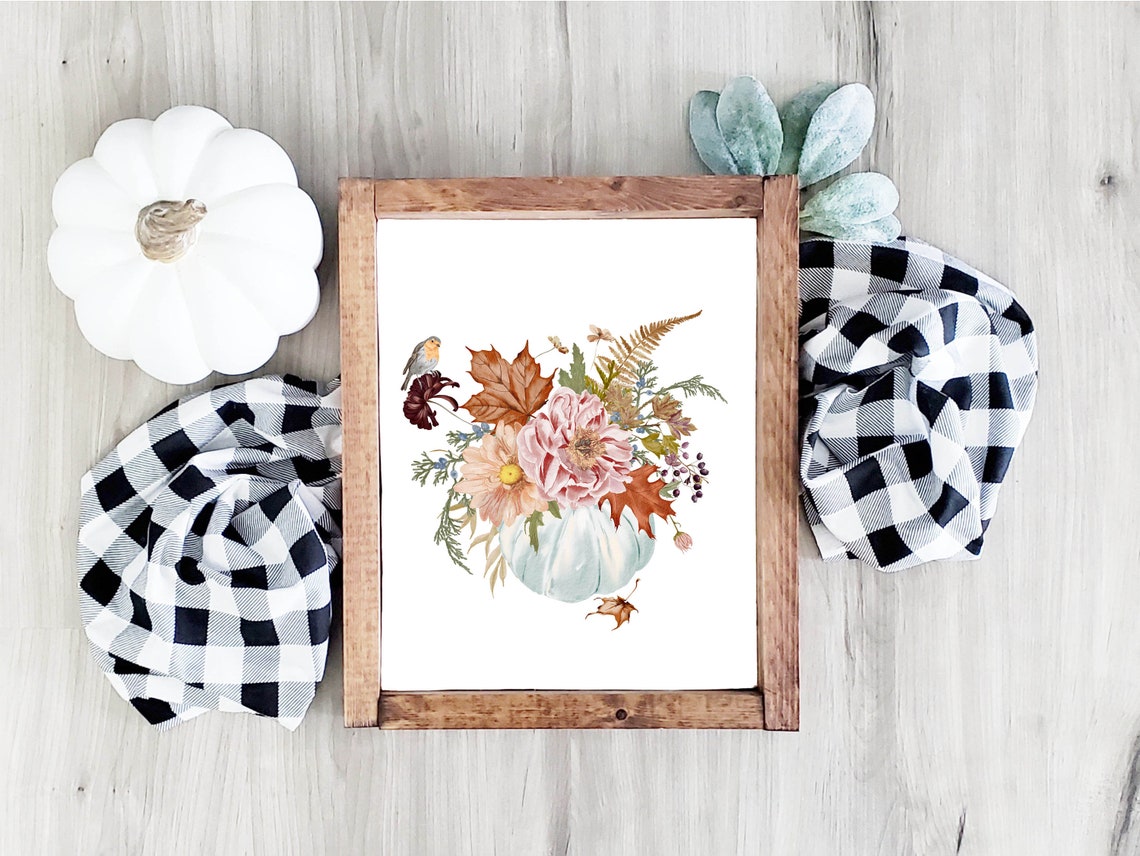 White Pumpkin Bouquet With Fall Flowers And Bird Watercolor Poster - Image 4