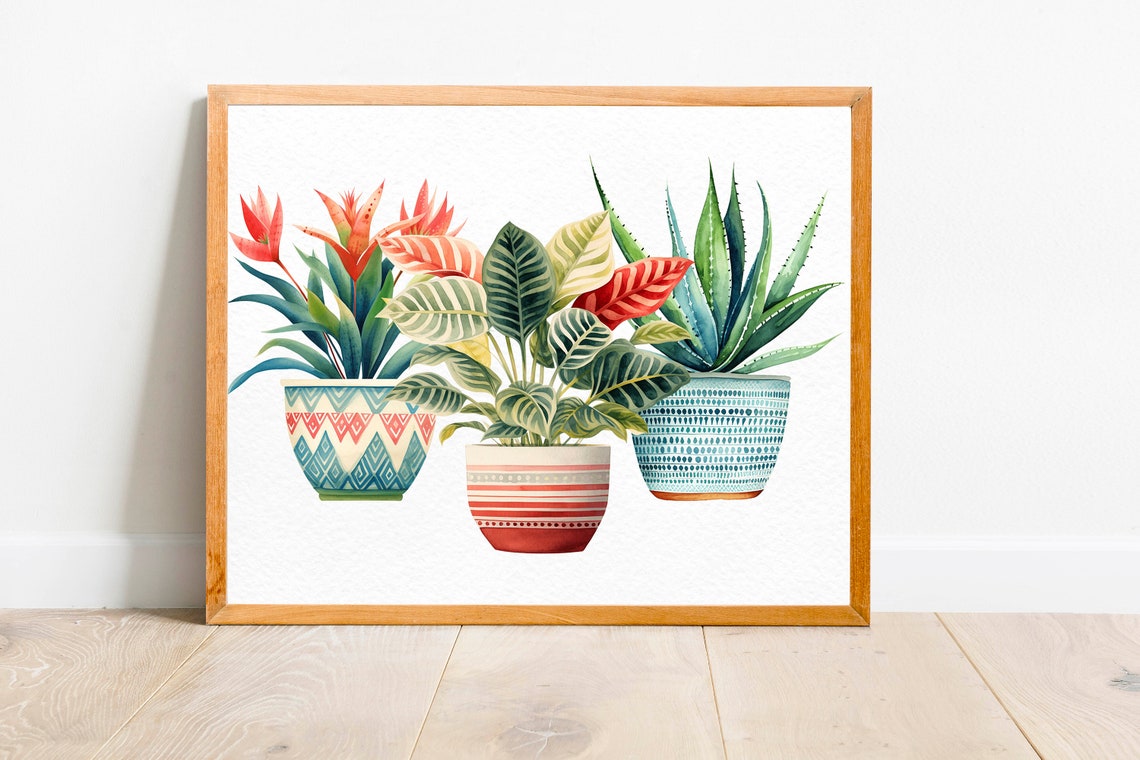 Boho Watercolor Potted Plants in Patterned Ceramic Pots Wall Poster - Image 2