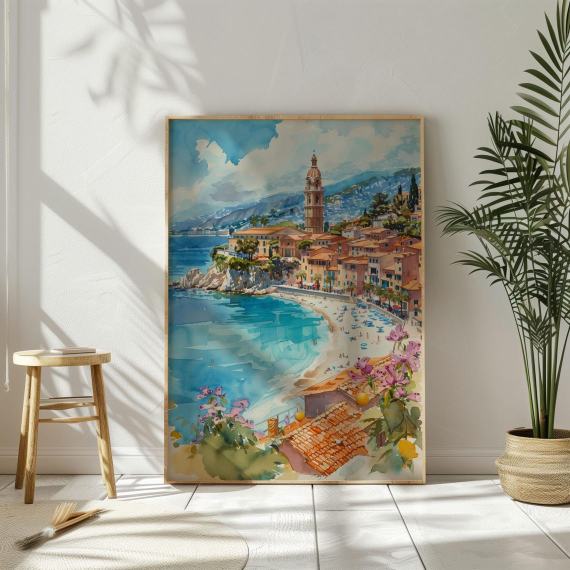 Watercolor French Riviera Wall Art Travel Poster France Menton Print City Poster South Of France Gift Idea