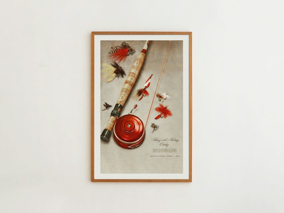 Vintage Fly Fishing Art Print, Outdoorsy Wall Decor