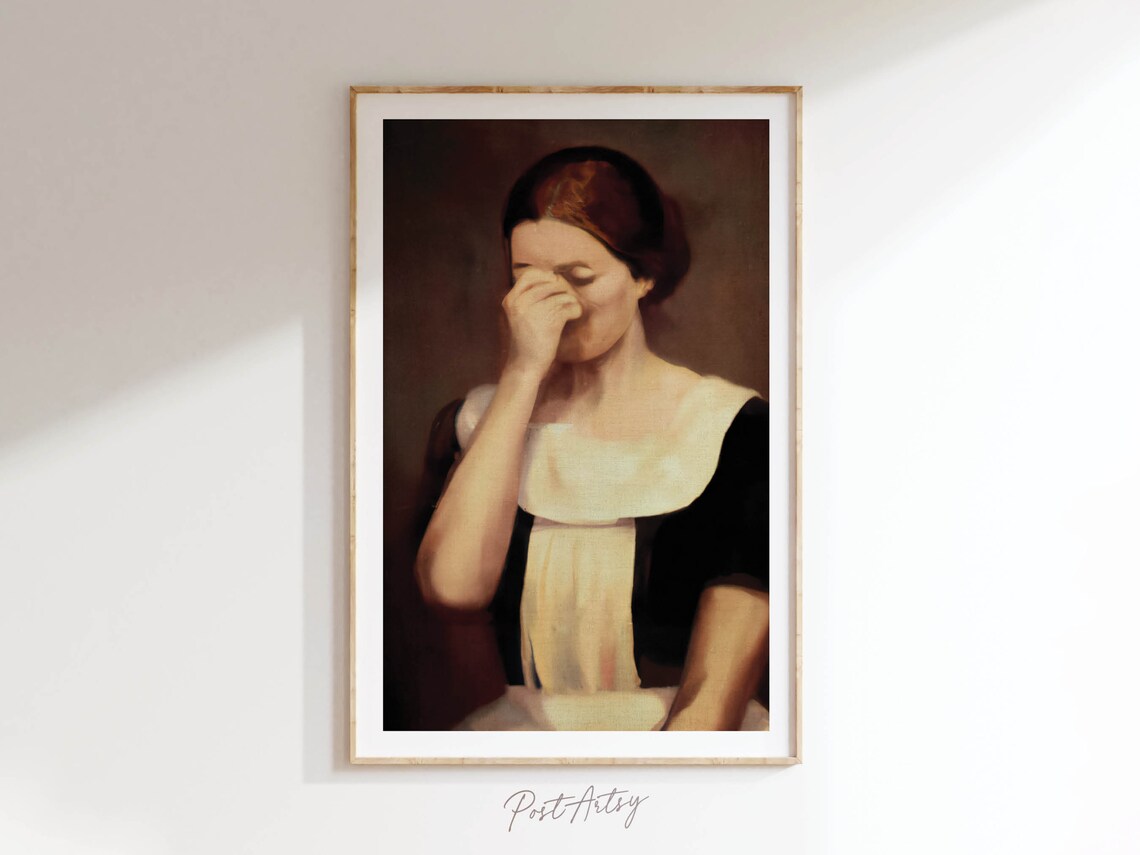 Classical Woman Portrait Hand to Face Moody Oil Painting Wall Art