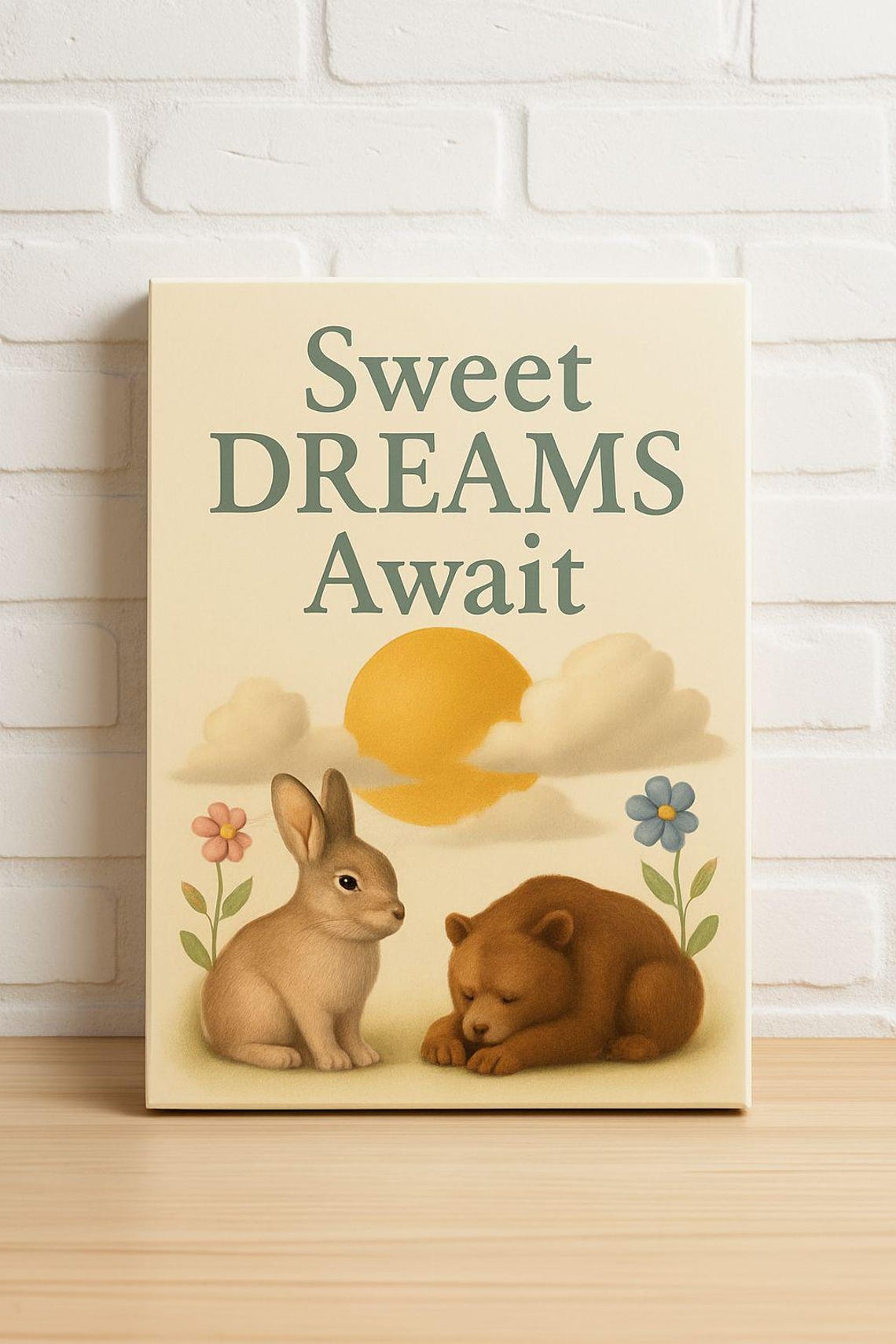 Sweet Dreams Await Bunny and Sleeping Bear Nursery Art Poster