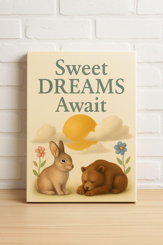 Sweet Dreams Await Bunny and Sleeping Bear Nursery Art Poster