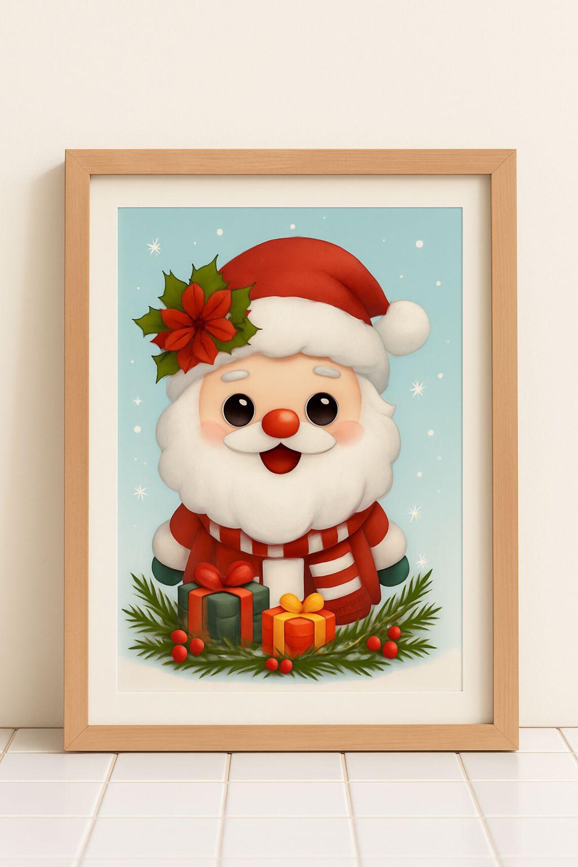 Cute Santa Claus Cartoon Poinsettia Gifts Blue Christmas Art Poster