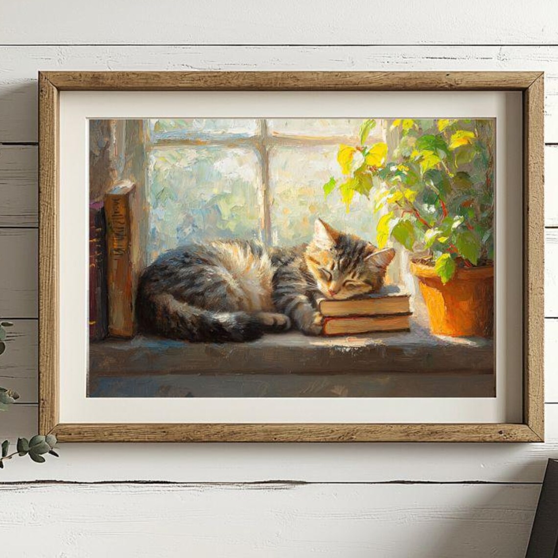 Tabby Cat Sleeping on Books, Bookish Art Print