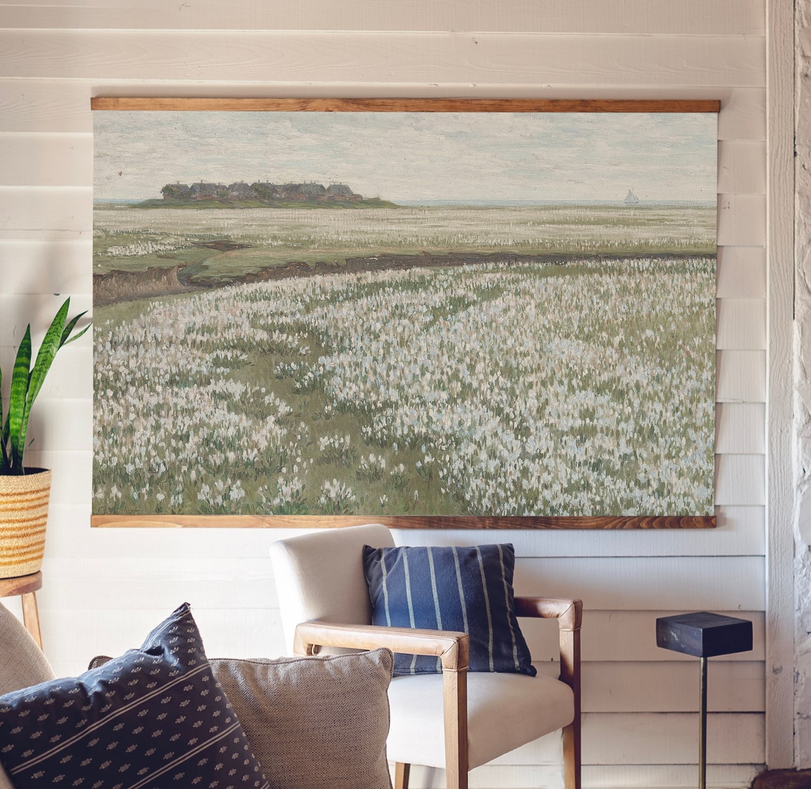 White Blossom Field Distant Hills Vintage Landscape Art Poster - Image 3