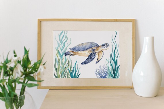 Sea Turtle Watercolor White Background Ocean Life Art Poster