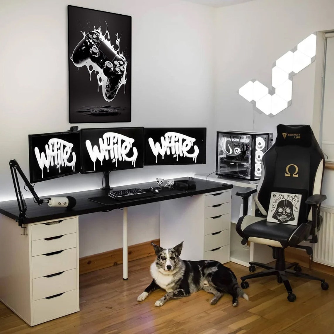 Black and White Gaming Controller Paint Splash Room Decor Poster - Image 2