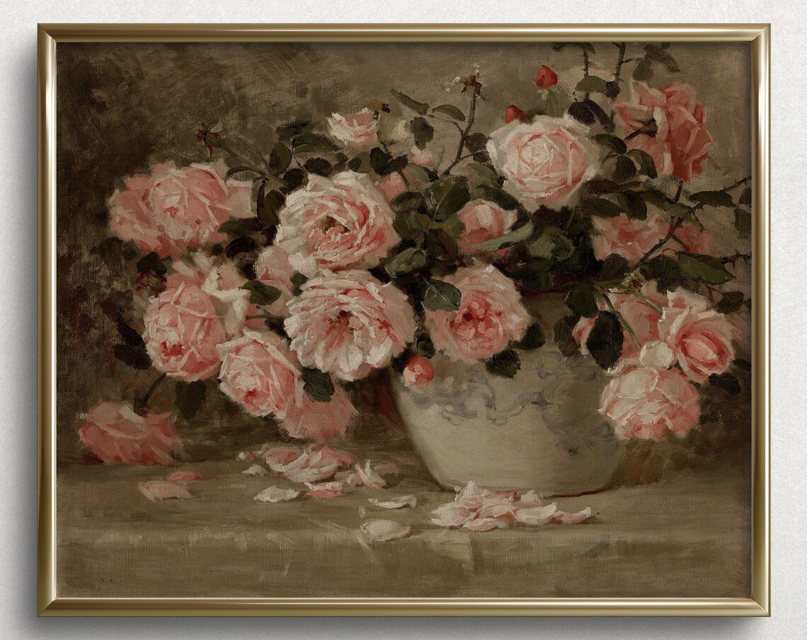 French Rose Vase, Vintage Dark Academia Art Print