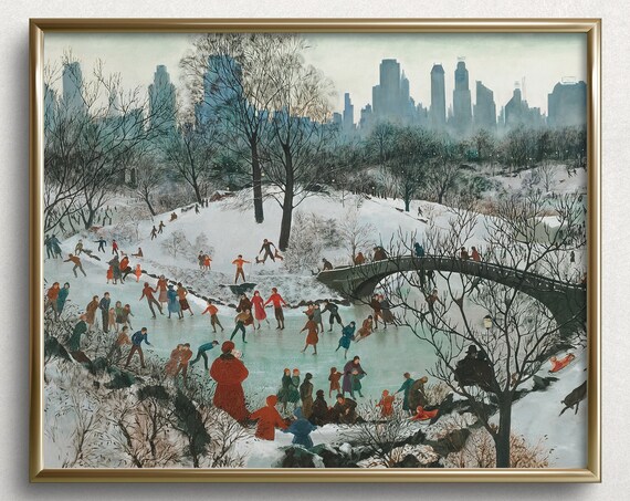 Christmas Eve Ice Skating Vintage Landscape Art Print