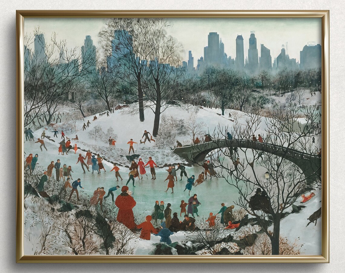 Christmas Eve Ice Skating Vintage Landscape Art Print