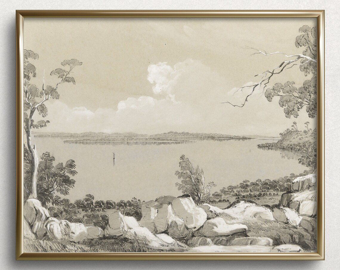 Tranquil Coastal Cove Sepia Sketch Rocky Shore Vintage Art Print