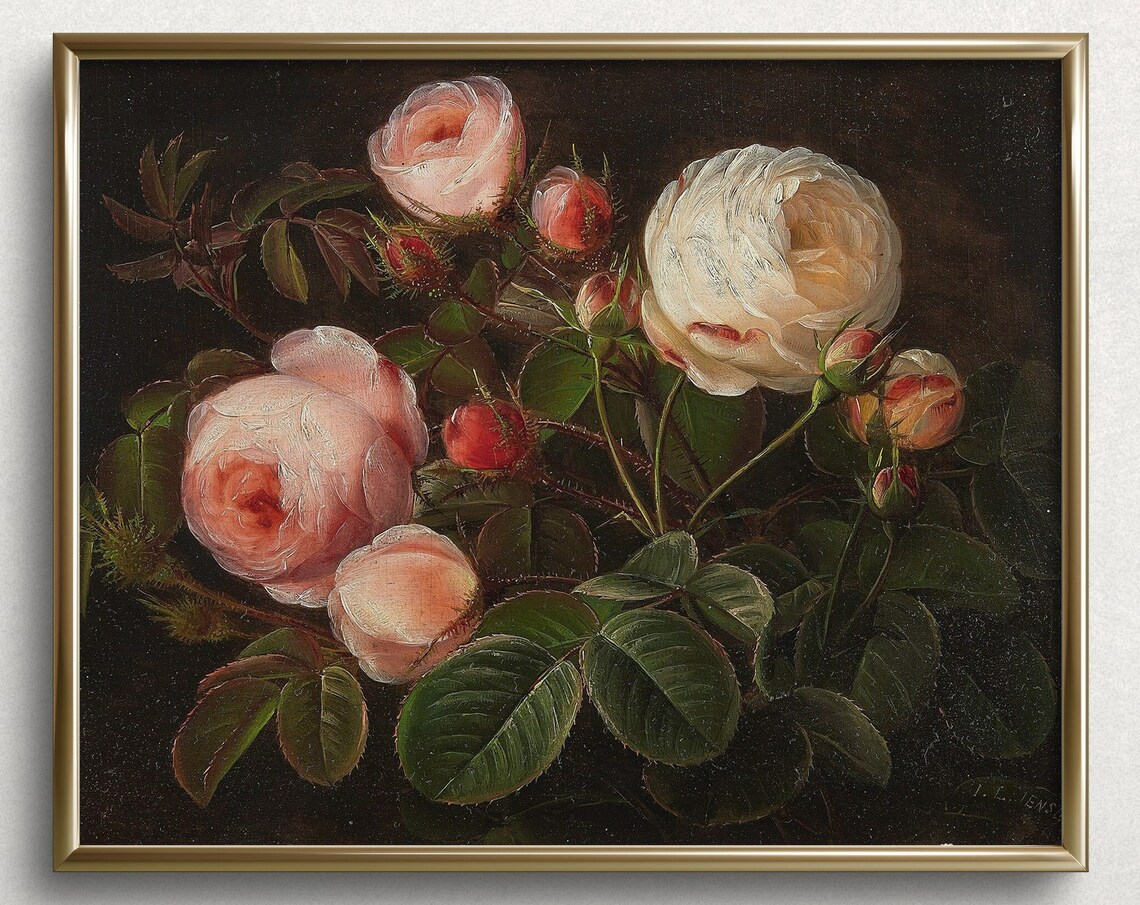 Pink And White Roses Vintage Still Life Floral Oil Painting Art Print