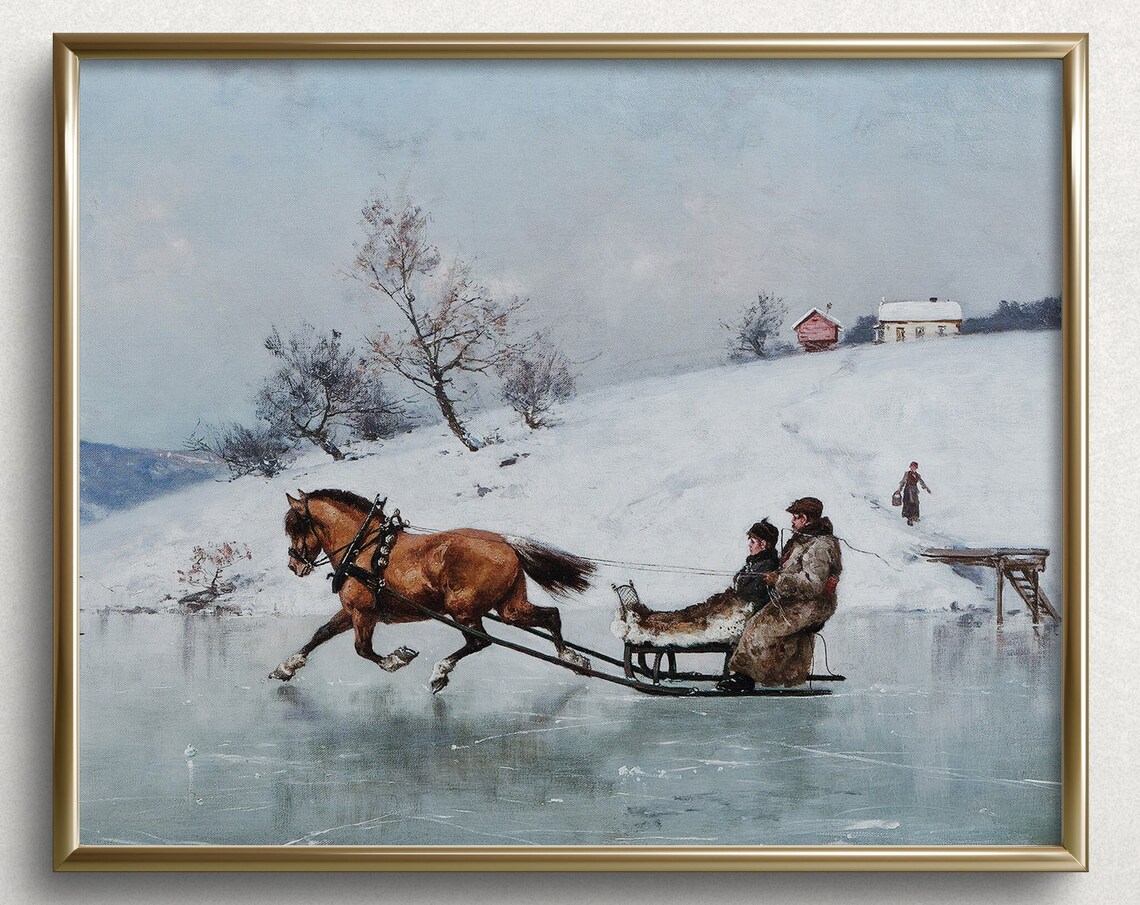 Christmas Sleigh Ride Vintage Winter Landscape Art Print