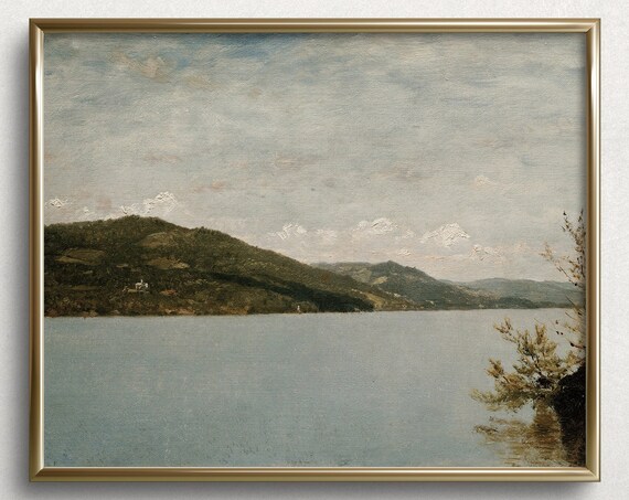 Countryside Lake Vintage Oil Painting, Wall Art Print